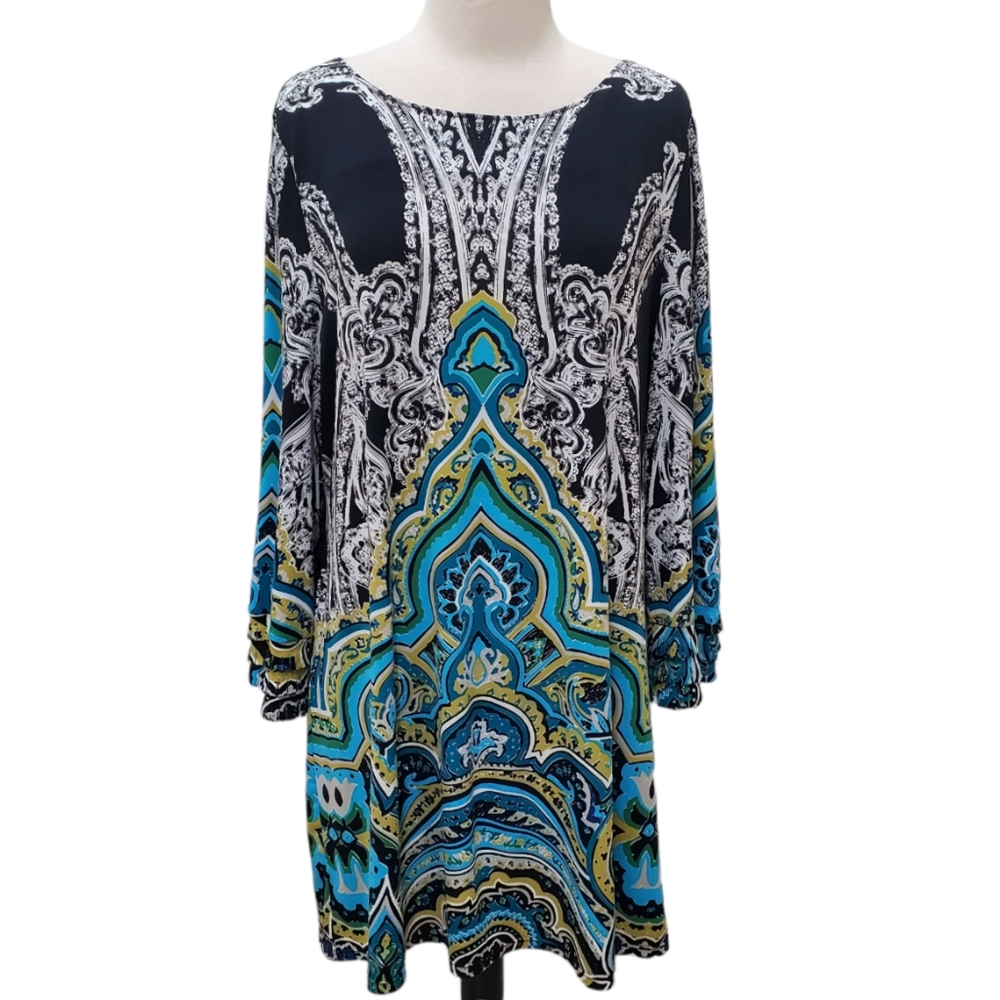 Alfani Scoop Neck 3/4 Sleeve Mod Black Multi Print Dress Size L